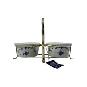 Vintage Leonard Silver White Ramekin Dishes Cobalt Blue Daisies with Carrier